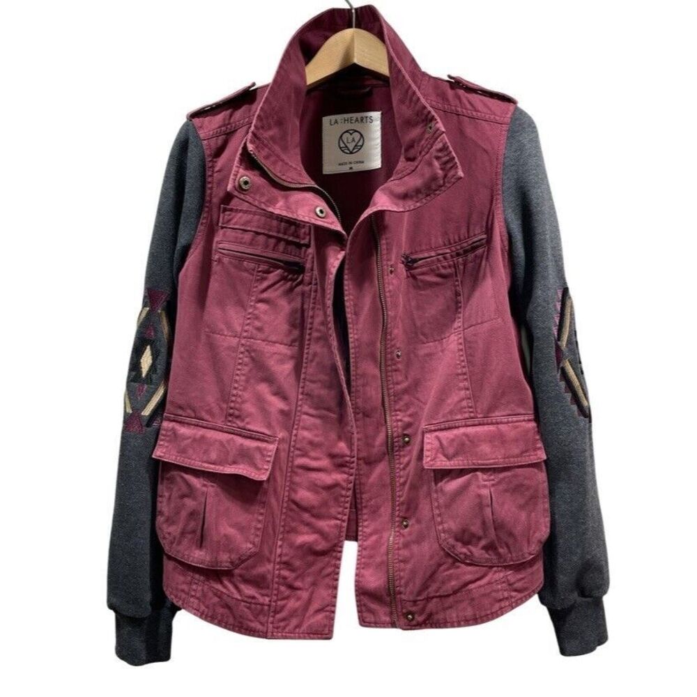 LA Hearts Womens High Neck Embroidered Utility Jacket Boho Southwest Burgundy M